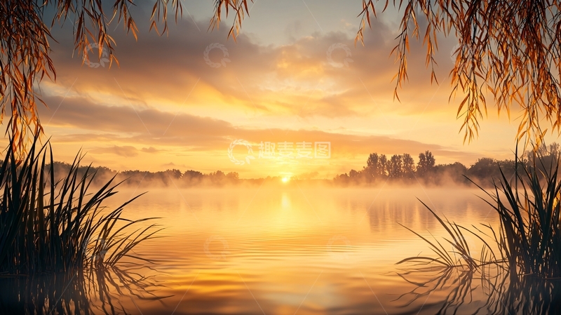 高清大图下载【趣麦麦图】湖面金色日出