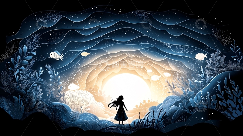 高清大图下载【趣麦麦图】洞穴前的女孩剪影