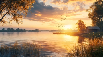 湖面日落金光粼粼