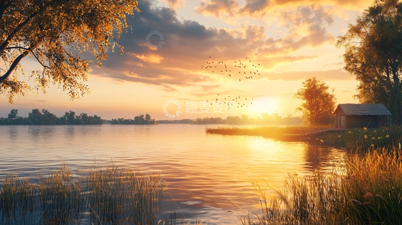 高清大图下载【趣麦麦图】湖面日落金光粼粼