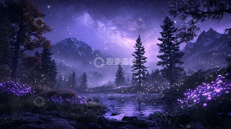 高清大图下载【趣麦麦图】星空下的神秘森林夜景