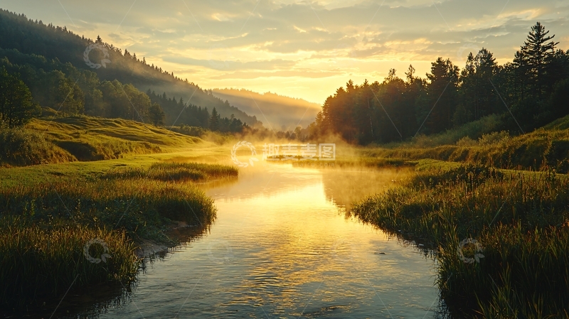 高清大图下载【趣麦麦图】金色光芒下的宁静河流