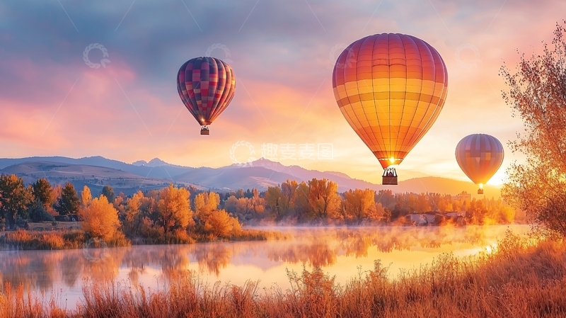 高清大图下载【趣麦麦图】热气球在湖面上飞翔