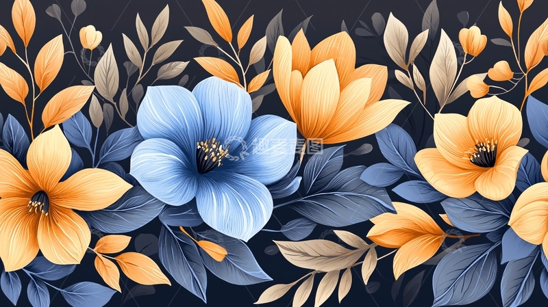 高清大图下载【趣麦麦图】蓝黄色花朵叶片边框