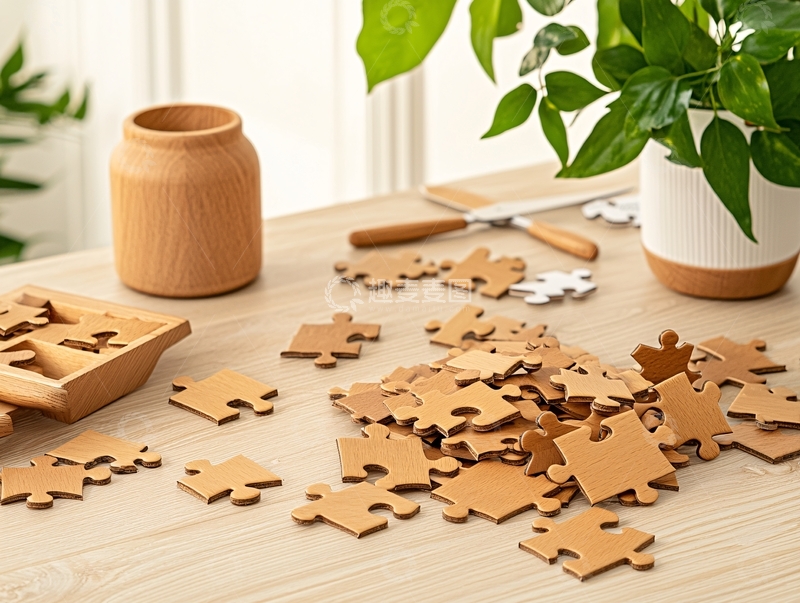 高清大图下载【趣麦麦图】拼图碎片散落在桌上