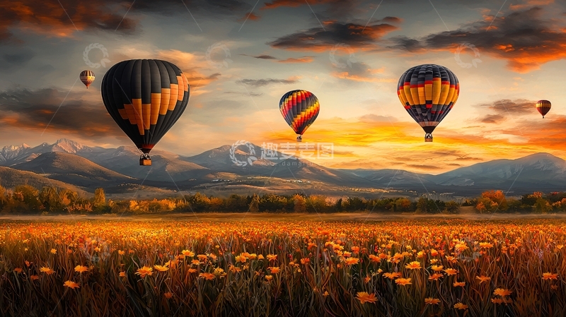 高清大图下载【趣麦麦图】热气球在田野上空飞行