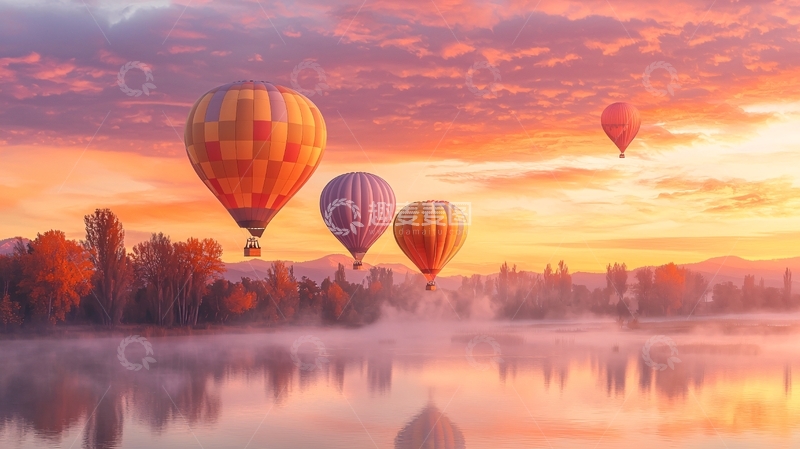 高清大图下载【趣麦麦图】热气球在湖面上飞行