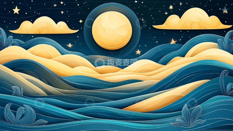 高清大图下载【趣麦麦图】夜晚月亮海浪星空童话梦幻