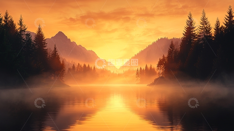 高清大图下载【趣麦麦图】宁静湖面金辉日落