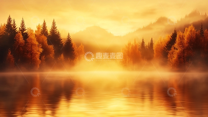 高清大图下载【趣麦麦图】金色湖面森林山脉风景