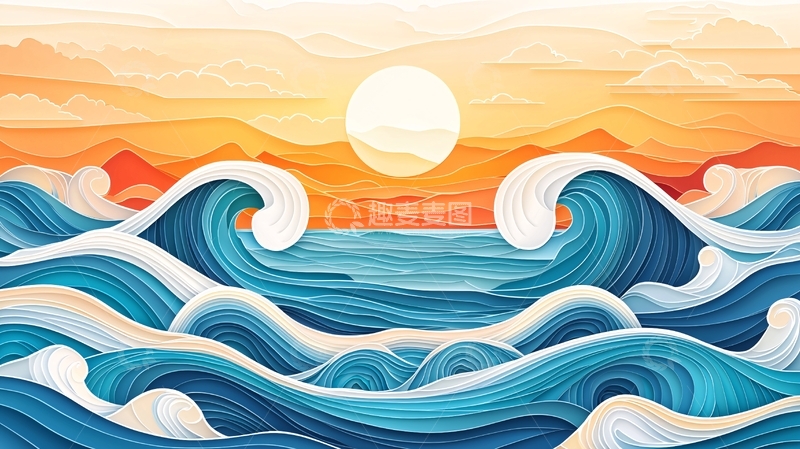 高清大图下载【趣麦麦图】海浪翻滚的日出景象