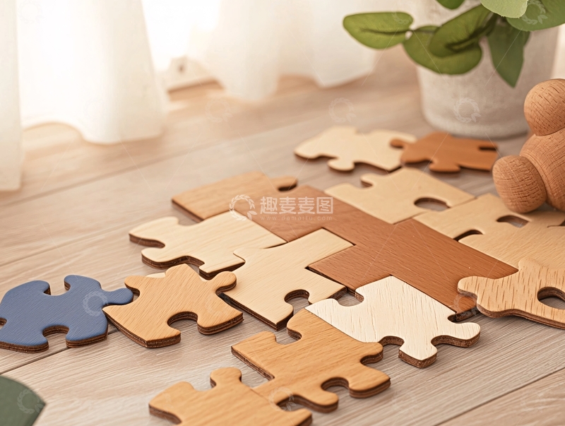 高清大图下载【趣麦麦图】木质拼图玩具的特写镜头