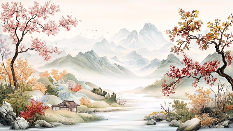 高清大图下载【趣麦麦图】水墨山水粉色树木人家