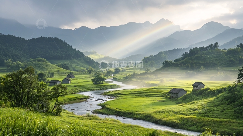 高清大图下载【趣麦麦图】山间溪流阳光照耀