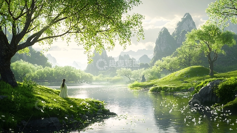 高清大图下载【趣麦麦图】湖边绿树青山下的宁静氛围