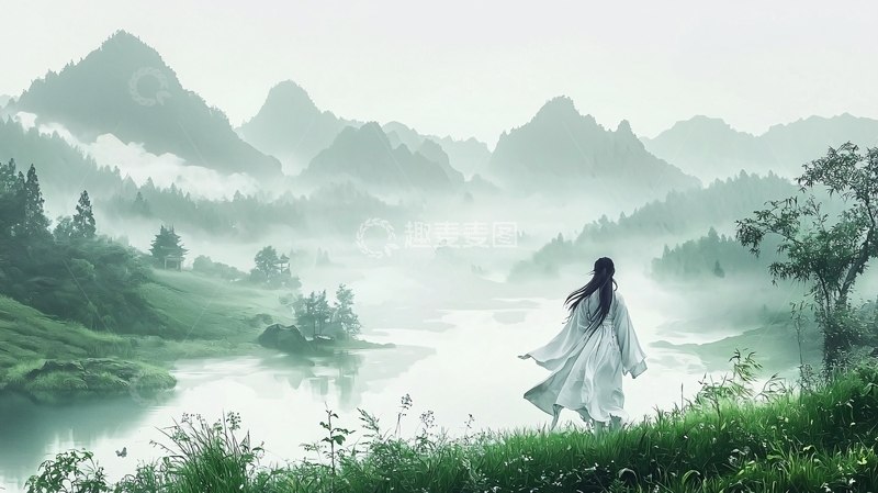 水墨风女子背影山水画