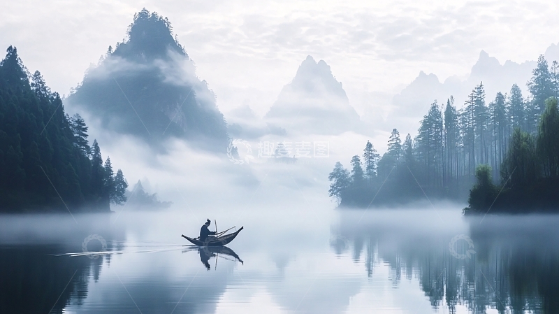 高清大图下载【趣麦麦图】水墨山水画意境小船