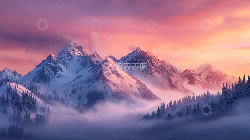 高清大图下载【趣麦麦图】粉色天空下的雪山