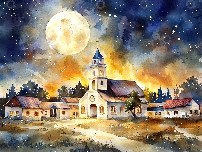 高清大图下载【趣麦麦图】唯美乡村夜晚水彩画