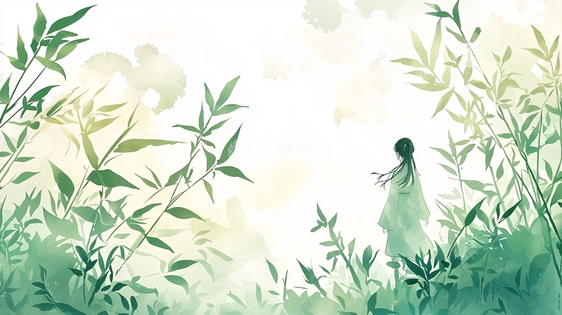 高清大图下载【趣麦麦图】清新绿意中的女子背影