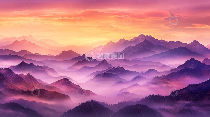 高清大图下载【趣麦麦图】粉色紫色山脉云雾缭绕