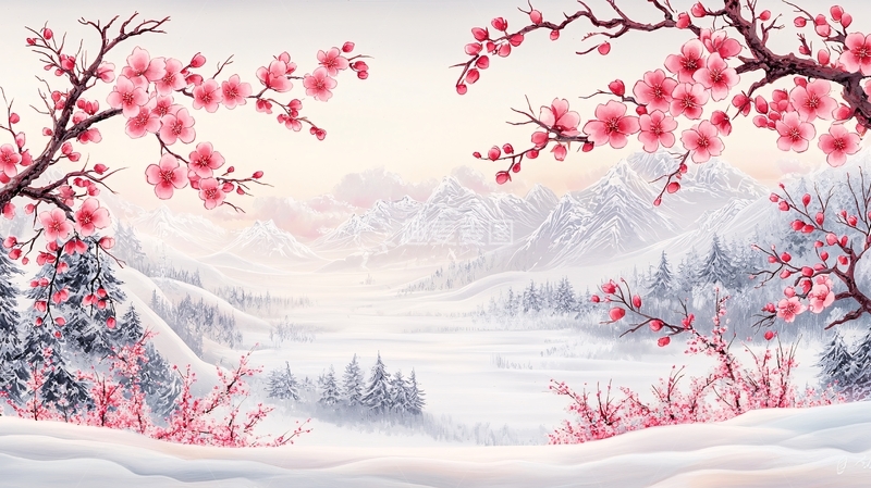 高清大图下载【趣麦麦图】粉色花朵雪山水墨风
