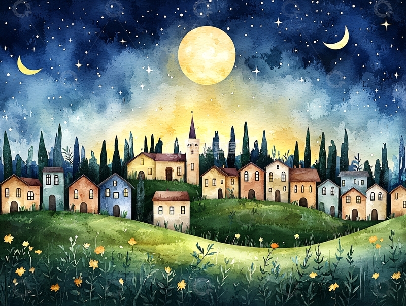 高清大图下载【趣麦麦图】水彩画小镇夜景