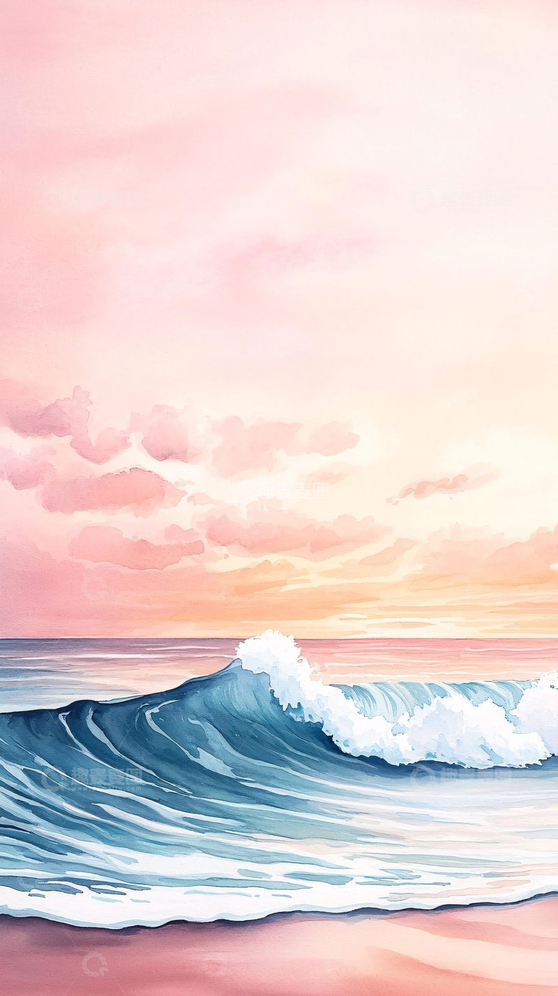高清大图下载【趣麦麦图】粉色天空下的海浪