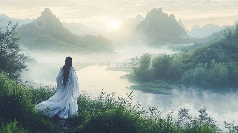 高清大图下载【趣麦麦图】白衣女子伫立山水间