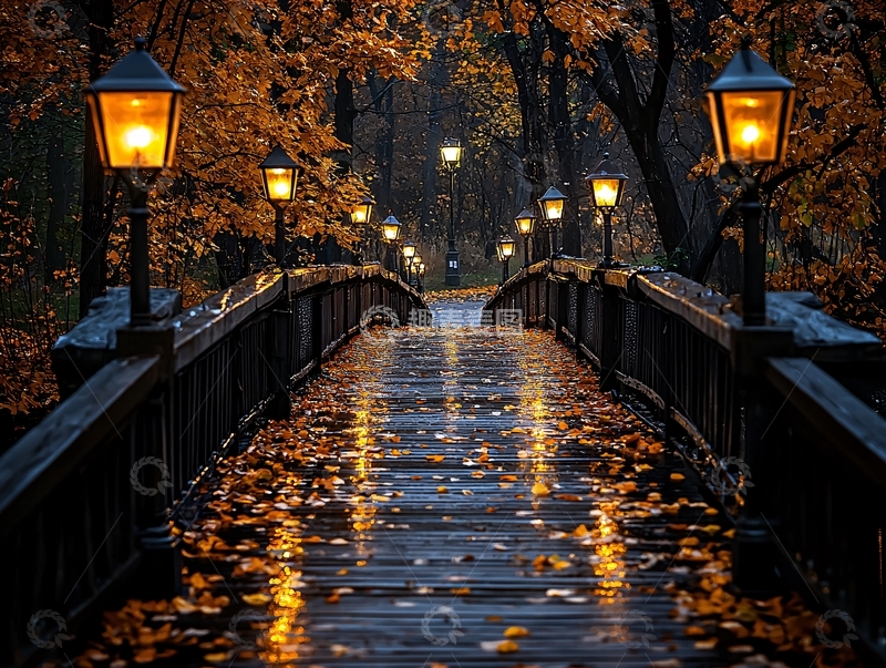 高清大图下载【趣麦麦图】秋夜灯光下的桥