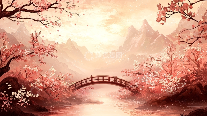 高清大图下载【趣麦麦图】粉色樱花桥远山梦境