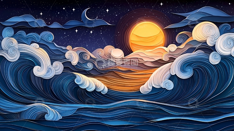 高清大图下载【趣麦麦图】夜晚海浪与星月太阳共存