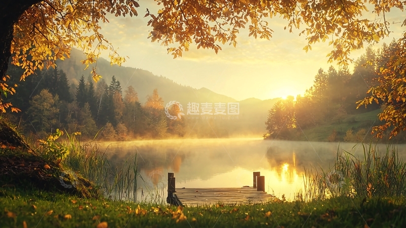 高清大图下载【趣麦麦图】秋日湖畔金色阳光