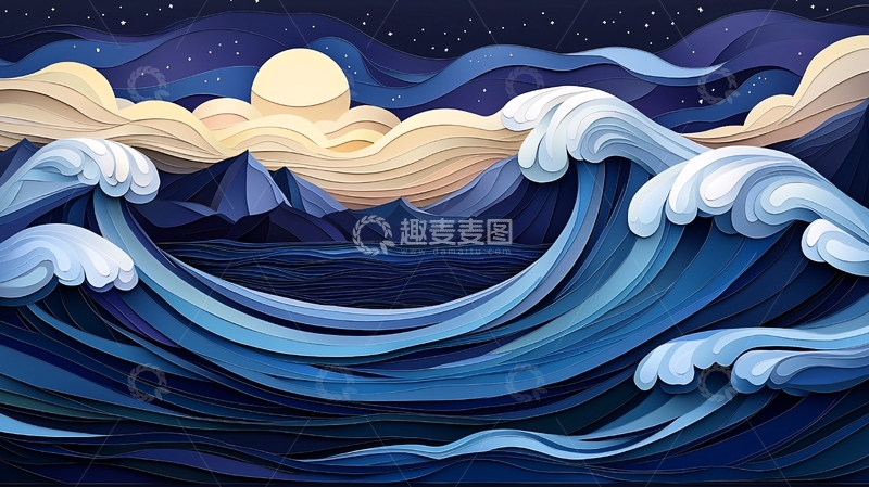 高清大图下载【趣麦麦图】蓝色海浪与金色月亮的艺术画作