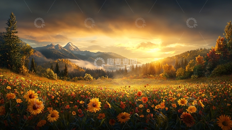 高清大图下载【趣麦麦图】金色向日葵田的日落