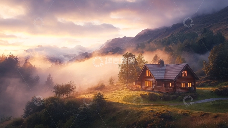 高清大图下载【趣麦麦图】山间小屋的宁静清晨