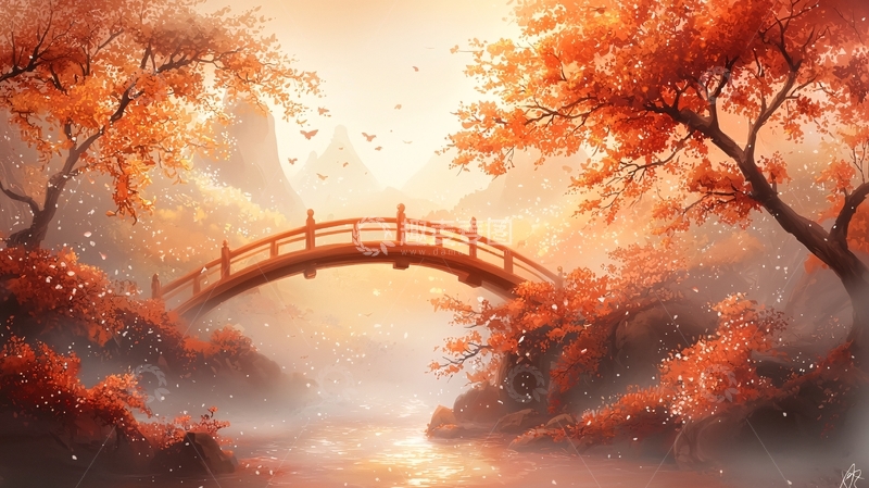 高清大图下载【趣麦麦图】秋日红叶拱桥美景