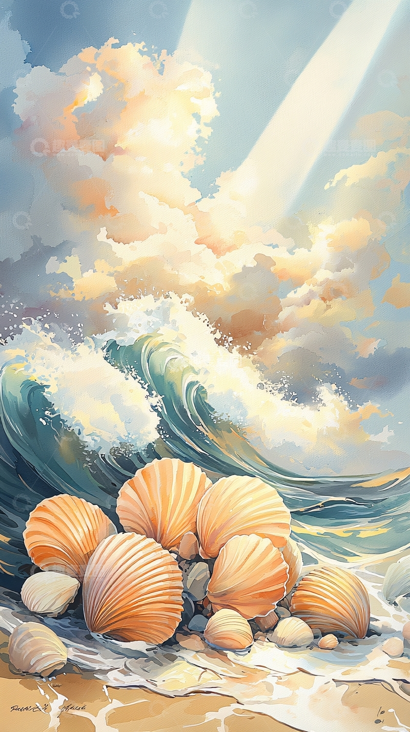 高清大图下载【趣麦麦图】海滩贝壳与浪花在阳光下
