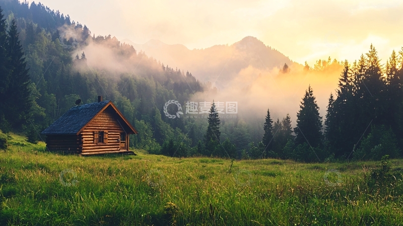 高清大图下载【趣麦麦图】山间小屋被晨雾笼罩