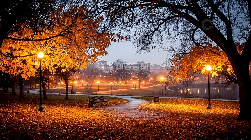 高清大图下载【趣麦麦图】公园夜晚的秋色美景