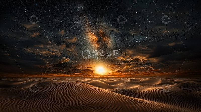 高清大图下载【趣麦麦图】沙丘上的日落星空