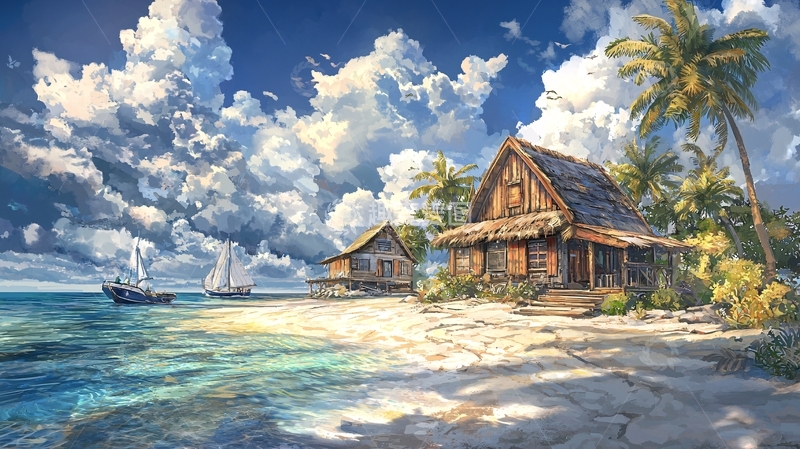 高清大图下载【趣麦麦图】热带海滩小屋风景画