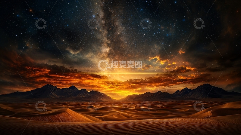 高清大图下载【趣麦麦图】星空下的沙漠日落景色