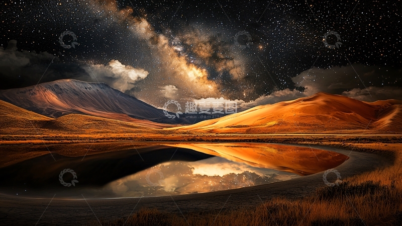 高清大图下载【趣麦麦图】宁静湖面星空山脉倒影