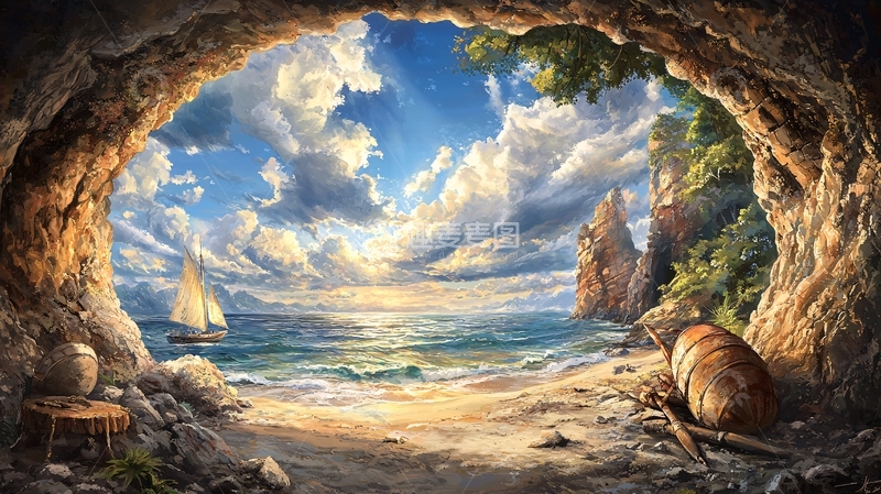 高清大图下载【趣麦麦图】洞穴出口的海景