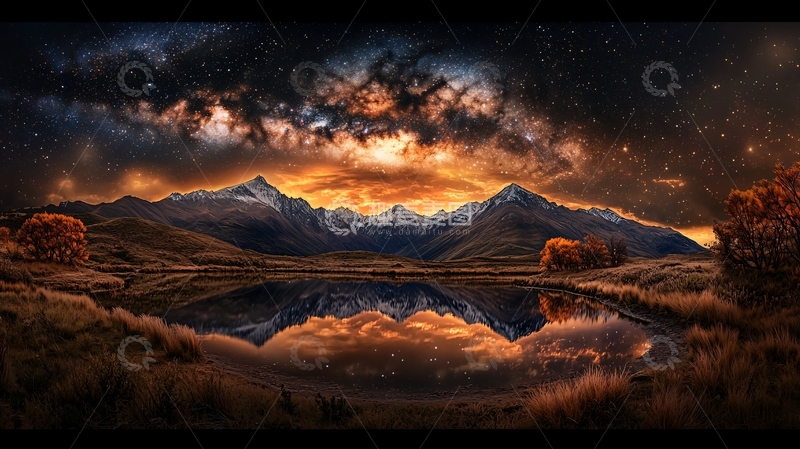 高清大图下载【趣麦麦图】湖面倒影下的雪山星空