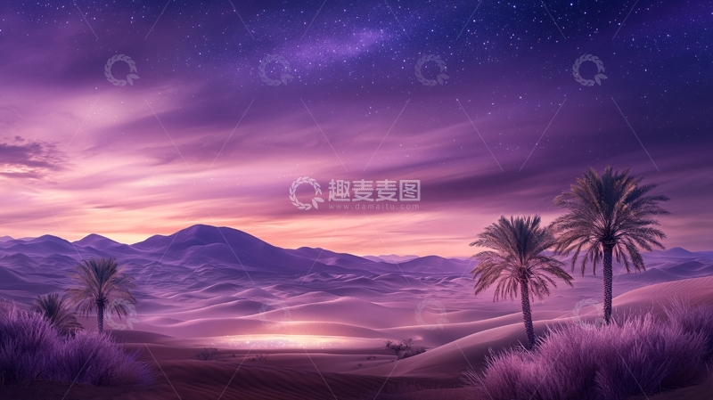 高清大图下载【趣麦麦图】紫色天空下的棕榈树绿洲