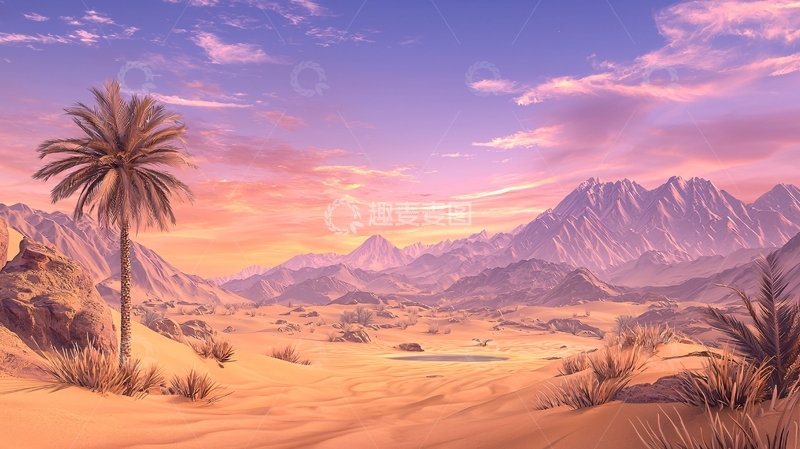 高清大图下载【趣麦麦图】沙漠日落棕榈树山脉