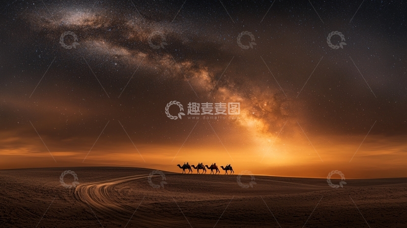 高清大图下载【趣麦麦图】沙漠骆驼队行进在落日下