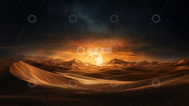 高清大图下载【趣麦麦图】金色沙漠星空下的孤寂星球